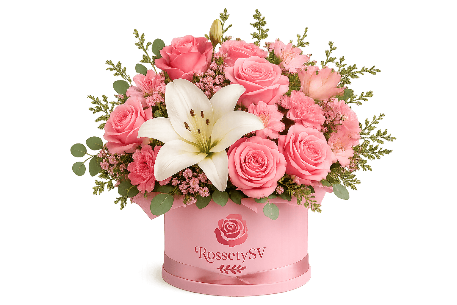 Arreglo floral Rossety con rosas y flores frescas en tonos rosados
